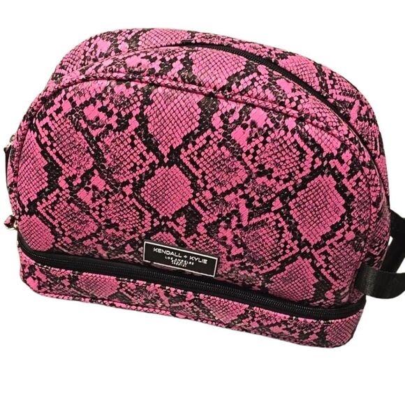 Kendall & Kylie Neon Pink Snakeskin Print Zip Around Travel Cosmetic Case - Picture 2 of 8
